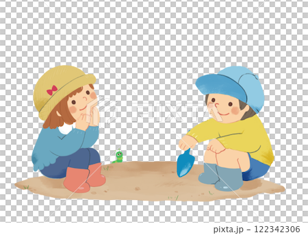 男孩和女孩在沙箱裡玩耍 122342306