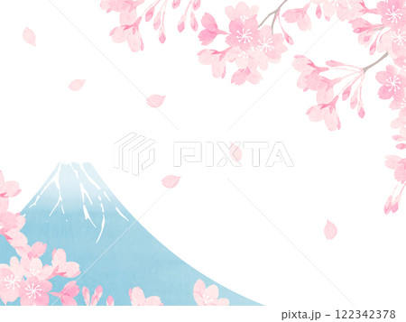 水彩で描いた桜と富士山の背景素材 122342378