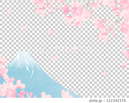 水彩で描いた桜と富士山の背景素材 122342378