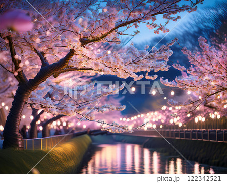 ライトアップされた夜桜 122342521