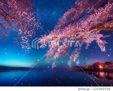 ライトアップされた夜桜 122342538