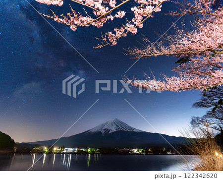 ライトアップされた夜桜 122342620