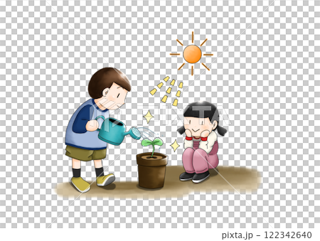男孩和女孩給花盆澆水 122342640