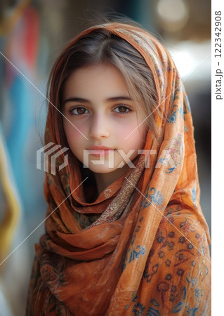 Portrait of young girl wearing orange hijab looking at viewer 122342908