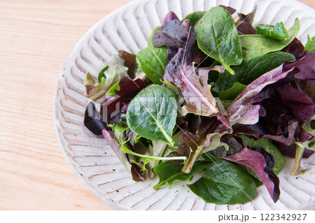 白い皿に盛ったベビーリーフ 122342927