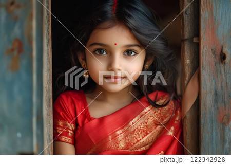 Young indian girl wearing traditional red sari posing in a doorway 122342928