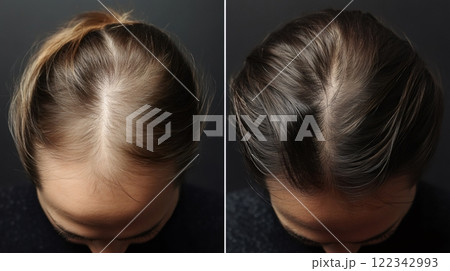 Woman showing hair regrowth treatment before and after 122342993