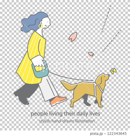犬を散歩させる女性　シンプルでお洒落な手描きイラスト 122343645