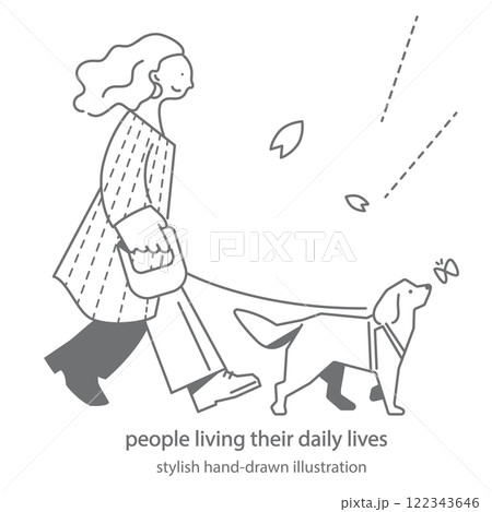 犬を散歩させる女性　シンプルでお洒落な手描きイラスト 122343646