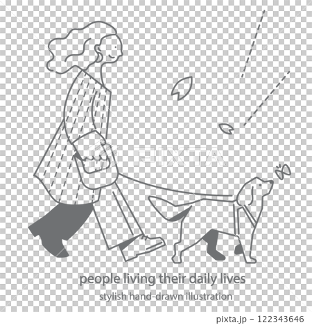 犬を散歩させる女性　シンプルでお洒落な手描きイラスト 122343646