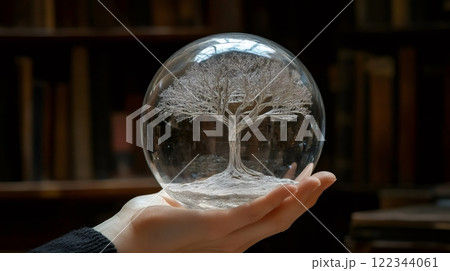 Woman holding crystal ball containing silver tree of life in library setting 122344061