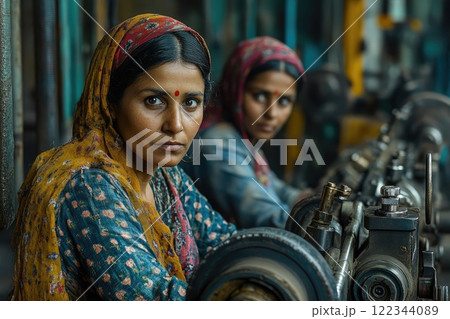 Indian female workers operating machinery in textile factory Indian female workers operating machinery in textile factory 122344089