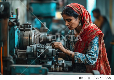 Focused indian factory worker operating industrial machinery in manufacturing plant 122344090