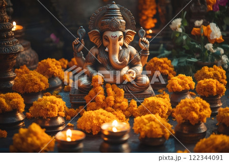 Ganesha statue adorned with marigold flowers and lit by oil lamps 122344091