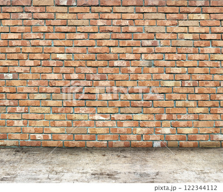 Empty interior scene with old brick wall and concrete floor. Open space with brick wall and floor. Rugged weathered urban wall backdrop. Grunge interior background. 3d render 122344112