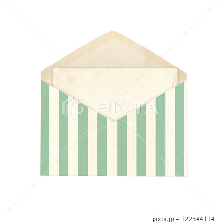 Font view of blank vintage opened paper envelope with striped pattern and retro card inside. Old envelope in shabby chic style and blank card. Isolated on white background 122344114