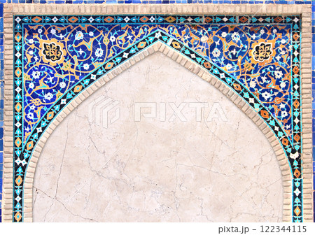 Detail of traditional persian mosaic wall with geometrical and floral ornament, Iran. Horizontal background with ceramic tile frame. Mock up template. Copy space for text 122344115