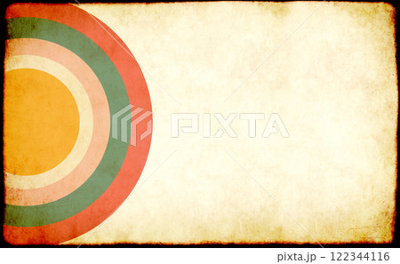 Vintage grunge background with paper texture and circular striped pattern of different colors. Horizontal or vertical retro banner with paper texture. Vintage cardboard backdrop. Copy space for text 122344116
