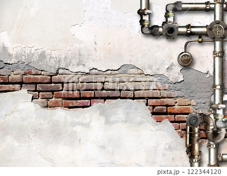 Vintage steampunk backdrop with pipes on stucco wall. Open space with brick wall and retro pipelines. Mock-up template. Grunge interior background. Copy space for text 122344120
