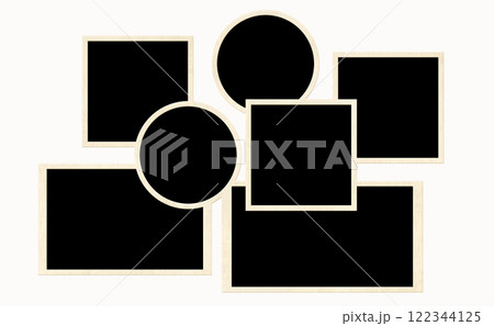 Template collage with seven retro frame photos. Moodboard pictures album grid for scrapbooking. Vintage style mood board layout. Isolated on white background. Copy space for your text and photo 122344125