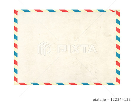 Font view of blank vintage aged postcard with striped edges. Retro blank postcard. Isolated on white background. Mock up template. Copy space for text 122344132