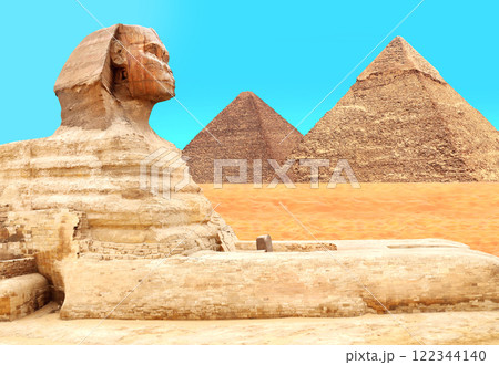 Famous Great Sphinx and pyramids of Chephren, Cheops, Menkaure, Cairo, Egypt. Great Pyramids and statue of Sphinx, mythical creature with head of man and body of lion, Giza complex (Giza Necropolis) Famous Great Sphinx and pyramids of Chephren, Cheops, Menkaure, Cairo, Egypt. Great Pyramids and statue of Sphinx, mythical creature with head of man and body of lion, Giza complex (Giza Necropolis) 122344140