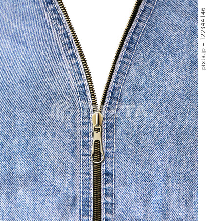 Denim zipper opened. Unzipped zipper or fastener. Open zip and denim fabric. Isolated on white background 122344146