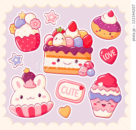 Set of stickers with cute dessert in kawaii style. Cake, muffin, cupcake with whipped cream and strawberry. Inscription Cute, Love. Can be used for t-shirt print, sticker, greeting card. Vector EPS8 Set of stickers with cute dessert in kawaii style. Cake, muffin, cupcake with whipped cream and strawberry. Inscription Cute, Love. Can be used for t-shirt print, sticker, greeting card. Vector EPS8 122344207