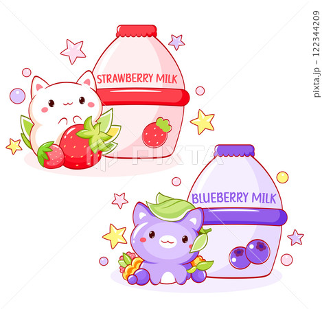 Collection of cats in kawaii style and berry milk, yoghurt, smoothie. Set of cute kittens and yummy berry smoothie in bottle. Can be used for t-shirt print, sticker, greeting card design. Vector EPS8 122344209