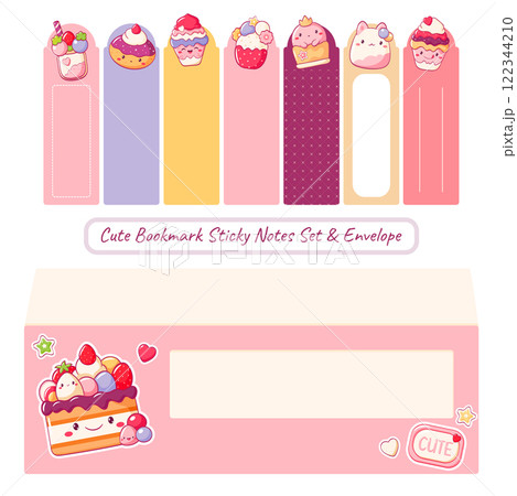 Vector Bookmark Sticky Notes Set and Envelope. Kawaii Adhesive Tags collection for children. Cartoon sticky note element with cute dessert in kawaii style for reminders, planning, nursery organization 122344210