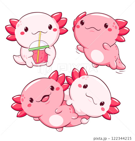 Set of axolotl in kawaii style. Lovely axolotl baby in different poses. Cute axolotl expression sheet collection. Can be used for t-shirt print, sticker, greeting card. Vector illustration EPS8 Set of axolotl in kawaii style. Lovely axolotl baby in different poses. Cute axolotl expression sheet collection. Can be used for t-shirt print, sticker, greeting card. Vector illustration EPS8 122344215