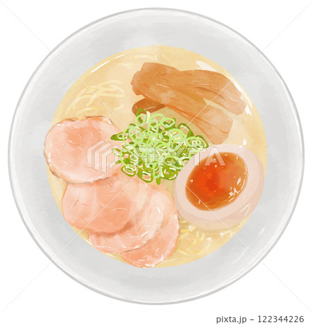 リアルな鶏白湯ラーメンの俯瞰イラスト 122344226