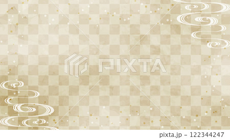 和の背景　薄茶色の市松文様に流水紋 122344247