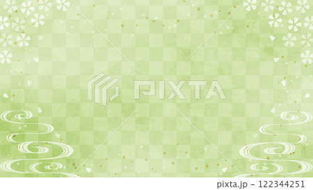 和の背景　抹茶色の市松文様に桜と流水紋 122344251