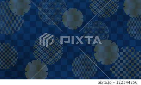 和の背景　紺色の市松文様に雪輪文 122344256