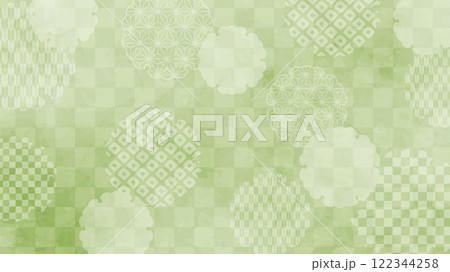 和の背景　抹茶色の市松文様に雪輪文 122344258