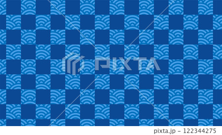 和の背景 青色の市松文様と青海波 和の背景 青色の市松文様と青海波 122344275