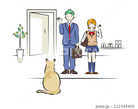 親子で出かける朝(会社に行くパパと学校に向かう娘,お見送りする猫)｜家族シリーズ 122344405