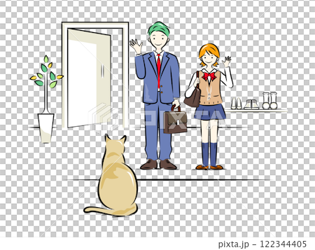 A morning outing for parents and children (father going to work, daughter heading to school, cat seeing her off) | Family series A morning outing for parents and children (father going to work, daughter heading to school, cat seeing her off) | Family series 122344405