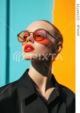Fashion model wearing red sunglasses and red lipstick posing in front of colorful background 122344754