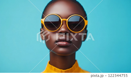 Fashion model wearing yellow sunglasses and yellow turtleneck on turquoise background 122344755