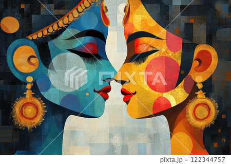 Radha krishna, hindu deities, are looking at each other in a colorful painting 122344757