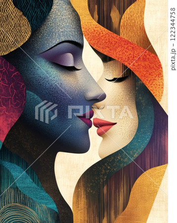 Two women sharing a tender kiss, embracing love and intimacy 122344758