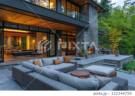 Modern luxury home exterior with illuminated patio and forest view at dusk 122344759
