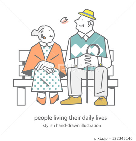 公園のベンチで休憩をするシニア夫婦　シンプルでお洒落な手描きイラスト 122345146