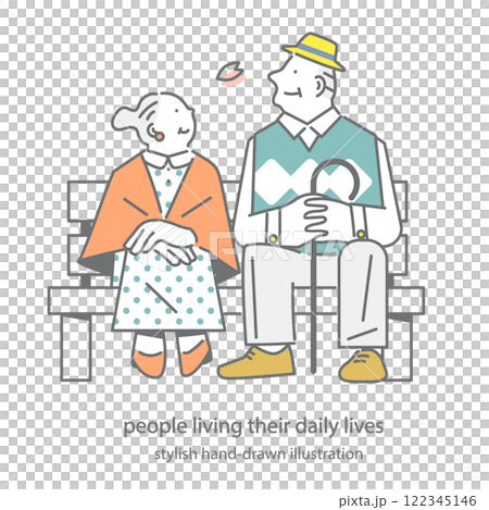 Senior couple taking a break on a park bench Simple and stylish hand-drawn illustration Senior couple taking a break on a park bench Simple and stylish hand-drawn illustration 122345146