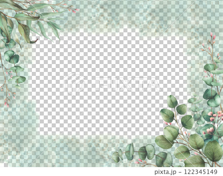 Eucalyptus seeded greenery, silver dollar plant and Laurel branch with pink buds and flowers. Rectangular card template on Watercolor green splashes spotted background Hand drawn isolated illustration 122345149