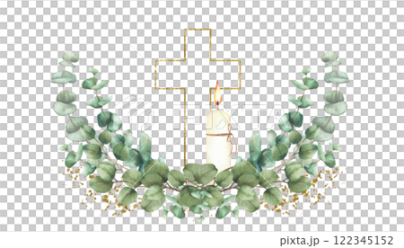 Golden Cross with burning candle and green eucalyptus branches on gold splashes and stains. Watercolor painted illustration. Semicircular composition for christening, wedding. Isolated from background 122345152