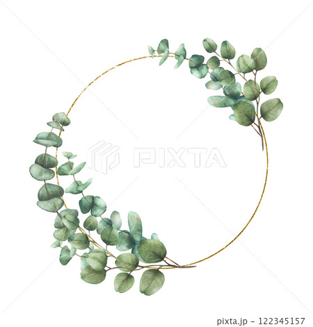 Eucalyptus leaves and branches in circular golden frame. Watercolor hand drawn Silver dollar plant wreath illustration. Round template for wedding invitations, greeting cards. Isolated from background 122345157