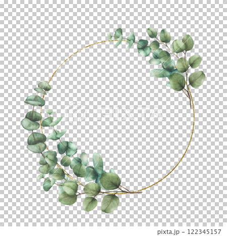 Eucalyptus leaves and branches in circular golden frame. Watercolor hand drawn Silver dollar plant wreath illustration. Round template for wedding invitations, greeting cards. Isolated from background Eucalyptus leaves and branches in circular golden frame. Watercolor hand drawn Silver dollar plant wreath illustration. Round template for wedding invitations, greeting cards. Isolated from background 122345157